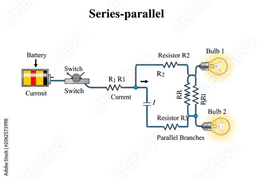 Seriesparallel electrical circuit diagram with battery, switch, resistors, and light bulbs
