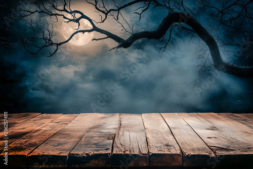 Wooden platform under full moon