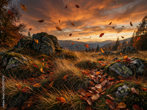 Paysage automnal épique avec rochers sculptés, arbres aux feuilles rouges et orées voletant dans le vent, ciel orangefé et brumeux en arriere plan de montagne sauvage