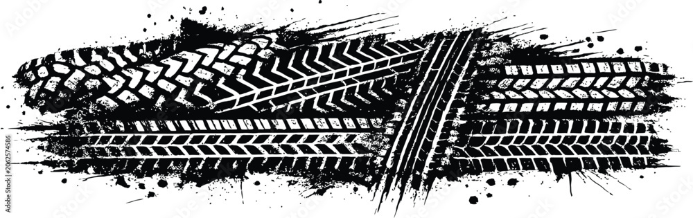 Naklejka premium Dirty tire tread marks with grunge rubber texture, black wheel tracks for car, bike, motorcycle, truck skid print and off road vector illustration