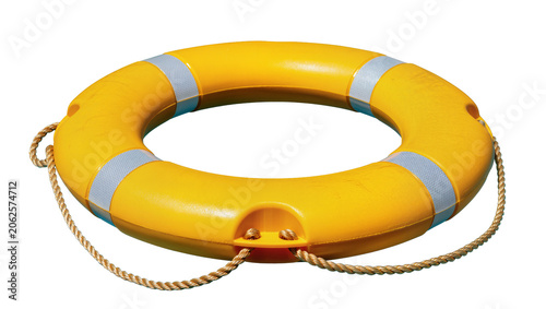 Cuadro en lienzo Yellow lifebuoy with reflective stripes and rope
