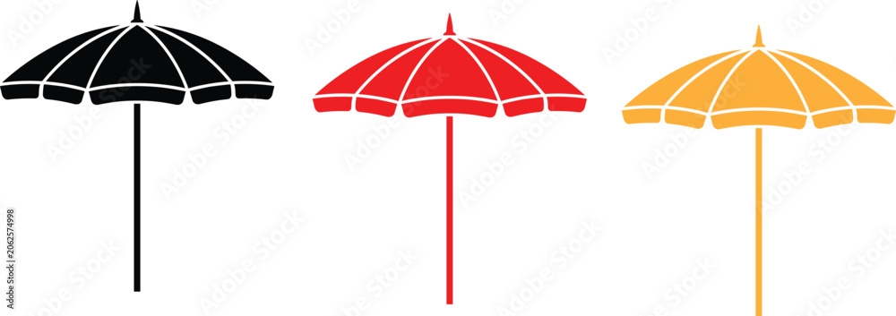 Obraz premium Beach umbrella vector icon isolated on white background. Minimalist beach umbrella silhouette icon for summer vacation. Clean vector icon of beach parasol for web and mobile app UI.