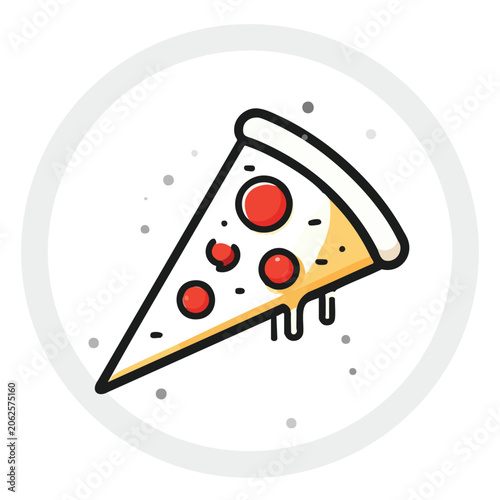 Cartoon vector illustration of a delicious cheesy pepperoni pizza slice icon.
