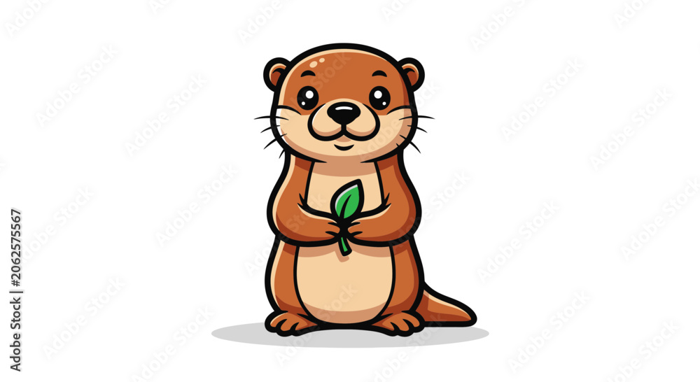 Fototapeta premium Cute Otter Holding Green Leaf, Cartoon Animal Character
