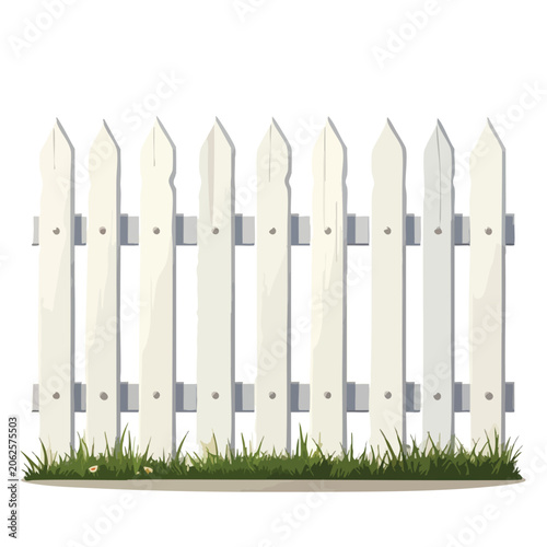 Classic white wooden picket fence isolated on white background with green grass.