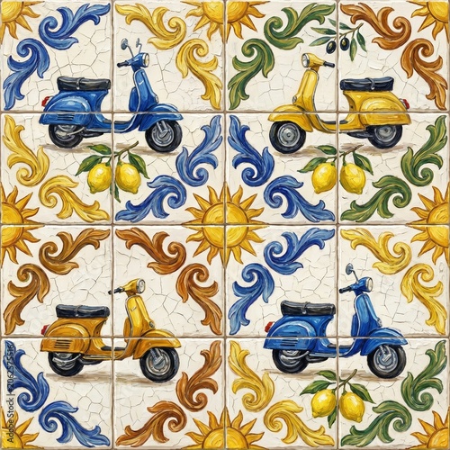 Traditional Mediterranean Majolica Ceramic Tile Pattern Featuring Vintage Blue and Yellow Scooters, Fresh Lemons, and Sun Ornaments - Seamless Italian Decorative Art Illustration