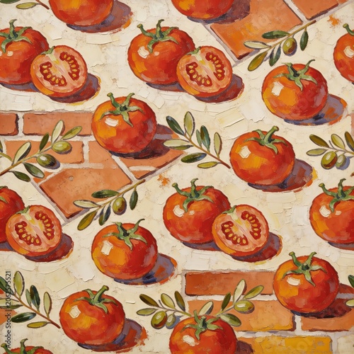 Seamless Pattern Illustration of Ripe Red Tomatoes, Slices, and Green Olive Branches over a Rustic Terracotta Brick Texture - Mediterranean Artistic Food Background
