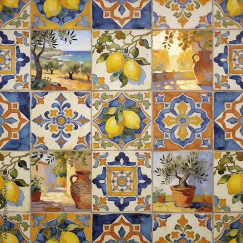 Seamless Mediterranean Ceramic Tile Pattern with Vibrant Lemons, Olive Trees, and Coastal Landscapes in Traditional Italian Amalfi and Spanish Azulejos Style for Home Decor
