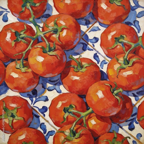 Vibrant Impressionist Oil Painting of Ripe Red Vine Tomatoes on a Decorative Blue and White Patterned Tile Background, Perfect for Kitchen or Restaurant Decor

