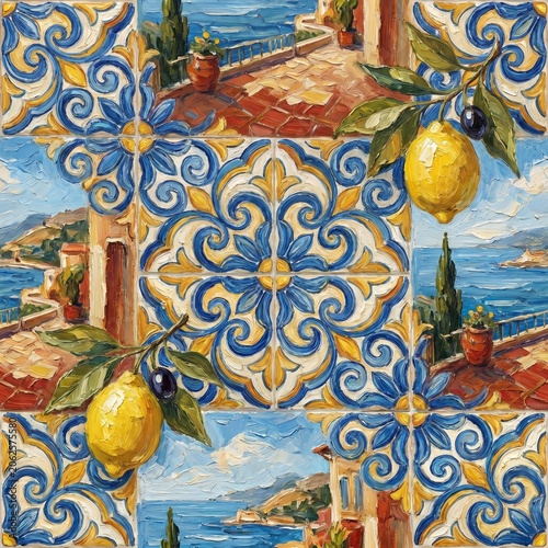Seamless Mediterranean Pattern with Majolica Tiles, Lemons, and Coastal Italian Landscapes in Impressionist Oil Painting Style for Home Decor and Wallpaper
