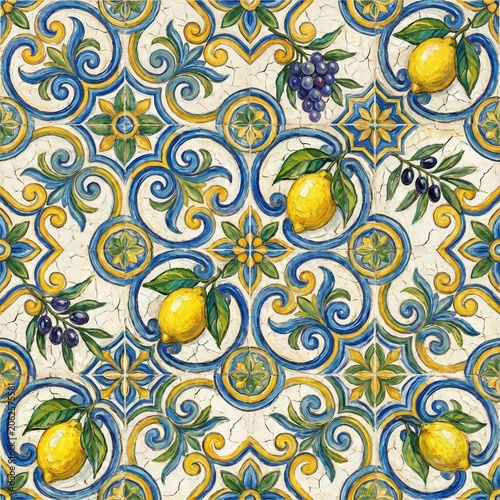 Mediterranean Majolica Style Seamless Pattern with Lemons, Olives, Grapes and Blue Ornate Scrollwork on Aged Ceramic Tile Texture
