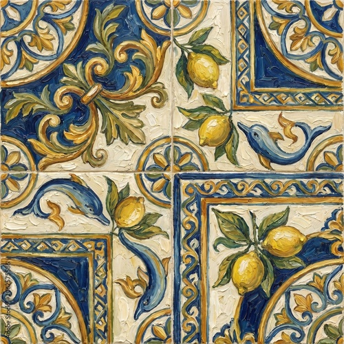 Traditional Italian Majolica Tile Pattern with Hand-Painted Lemons, Dolphins, and Ornate Blue and Gold Baroque Scrolls - Mediterranean Style Ceramic Art
