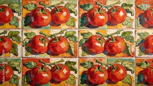 Vibrant Hand-Painted Style Tomato Pattern Featuring Ripe Red Tomatoes on the Vine with Green Leaves, Ideal for Kitchen Wall Art, Mediterranean Food Backgrounds, and Textile Design
