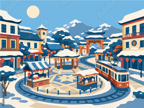 Vászonkép Snowy Alpine Town Square Landscape Illustration With Tram Mountain Buildings And
