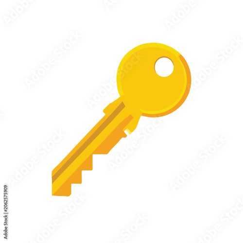 A single golden house key isolated on a white background.