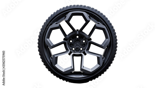 Fotografija Black alloy car wheel with tire and geometric spokes