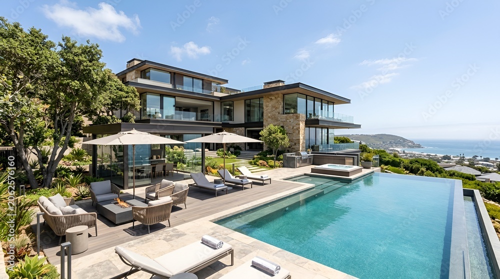 Fototapeta premium Luxury Modern Villa with Infinity Pool and Ocean View on Sunny Day