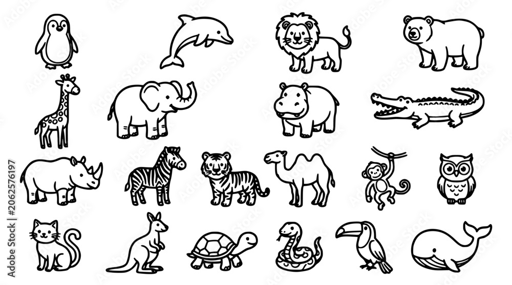 Obraz premium Animals Including Penguin, Dolphin, Lion, Bear, Giraffe, Elephant, Hippo, Crocodile, Rhino, Zebra, Tiger, Camel, Monkey, Owl, Cat, Kangaroo, Turtle, D