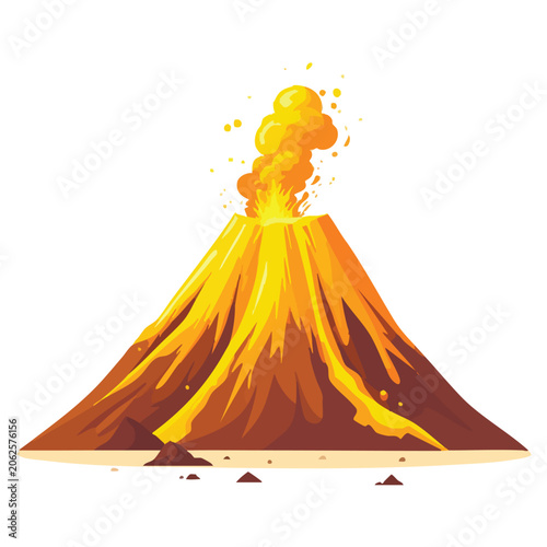 Cartoon volcano erupting with flowing lava and smoke.