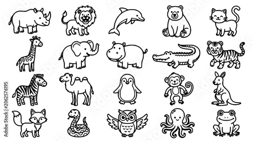 Photography Animals Illustrated in a Simple Black and White Line Art Style Featuring Illustr