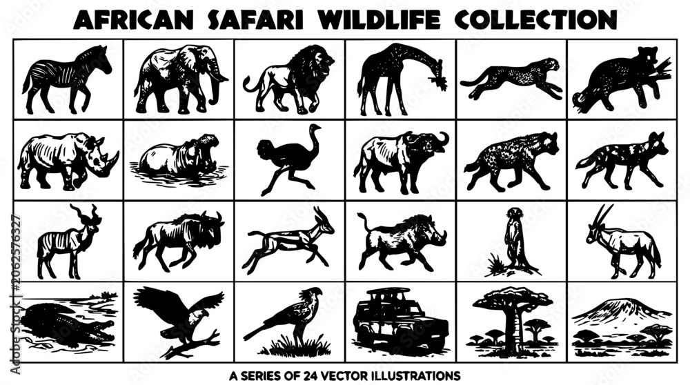 Fototapeta premium Wildlife Collection Featuring African Safari Animals in Black-and-White Vector Line Drawings, 24 Illustrated Icons Arranged in Grid