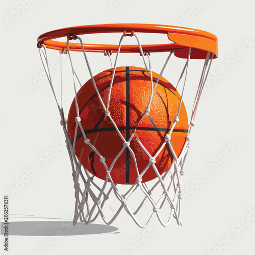 A basketball scoring a goal through a basketball hoop net.