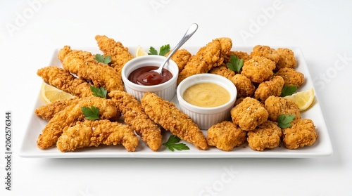 delicious and savory appetizer spread featuring crunchy, hand-breaded chicken pieces arranged perfectly on a serving tray with a central dip.
