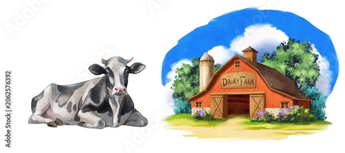 Cow resting near a barn at a dairy farm under a clear sky in the countryside during the afternoon