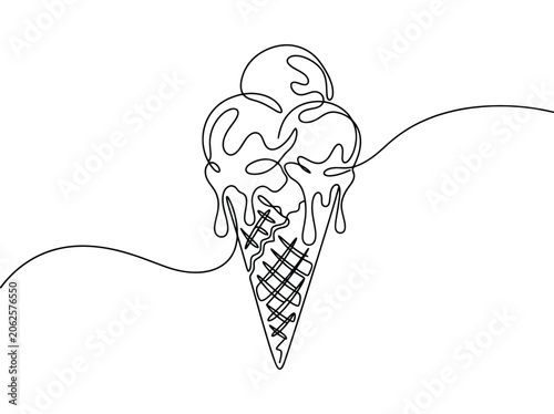 Melting ice cream cone with three scoops dripping while drawn in continuous line art style