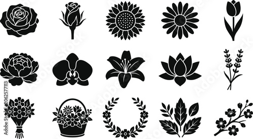 Cuadro en lienzo Black and white floral and leaf set, botanical for floral leaf botanical flower