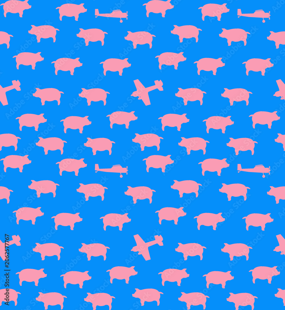 Naklejka premium Repeating pig silhouettes pattern on bright blue background