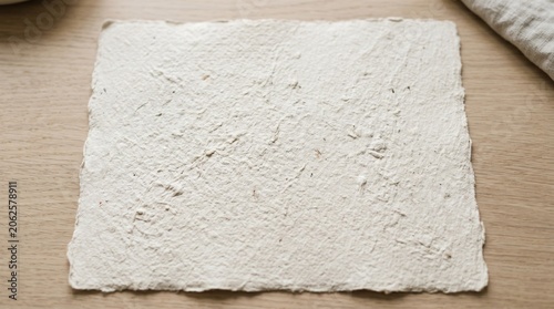 Textured handmade paper on light wood desk.