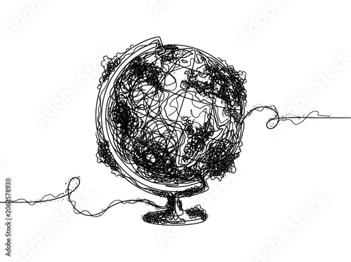 A black ink scribble globe on a white background represents global chaos and the world.