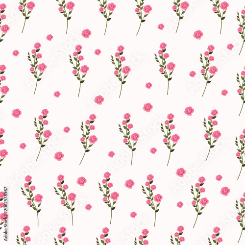 Seamless Pink Rose Floral Pattern with Small Blossoms on Light Background