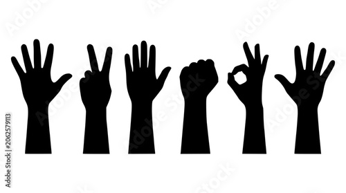 Hands Icons Illustration with Diverse Hand Gestures in Black and White, Graphic Silhouettes for Communication and Inclusion