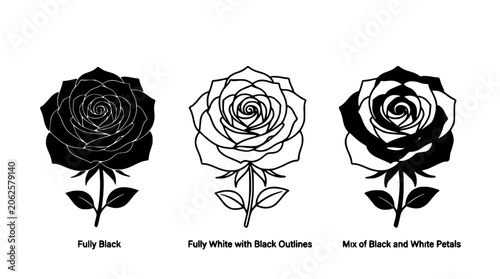Rose Flower Icons Set with Black and White Outlines, Clean Vector Style, Single-Line Petals and Leaves on White Background