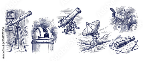 Fotografie Astronomy telescope observatory sketch set featuring space satellite, radio antenna dish, vintage spyglass, and star map drawings for science education, research, and cosmic universe exploration