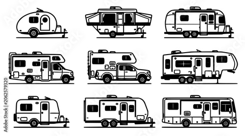 Rvs and Trailers in Various Styles and Designs Featuring Rv, Trailer, Camper with Travel and Camping Elements for Vehicle, Motorhome Projects, Clean