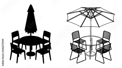 Table with Chairs and Umbrella in a Shaded Area Featuring Outdoor, Furniture, Dining with Patio and Garden Elements for Relaxation, Leisure Projects