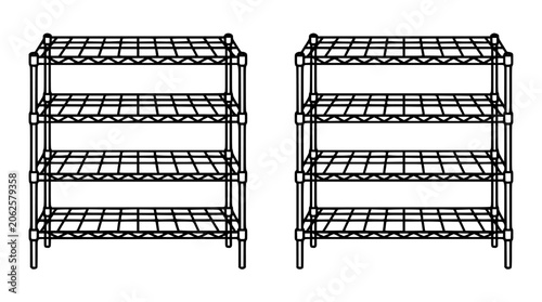 Shelving Unit with Grid Shelves and Metal Frame, Front View Diagram Showing Two Identical Storage Racks on White Background