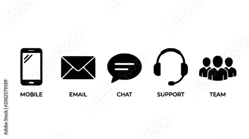 Mobile, Email, Chat, Support, and Team Communication Icons on a Simple Black and White Layout Featuring Messaging, Customer Service, Collaboration