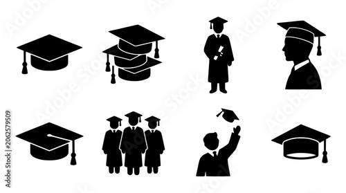 Graduation Cap Silhouette Icons in Black on White Background, Mortarboard Hat and Academic Education Symbols for Education Design