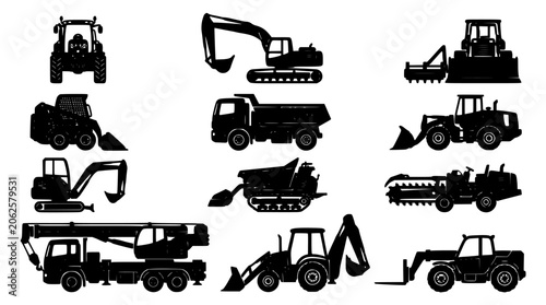 Tractor Vector Icons Set with Different Silhouettes, Construction Vehicles and Equipment for Industrial and Farming Themes