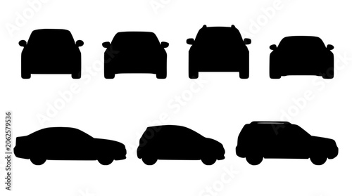 Cars in Various Shapes and Sizes Shown as Black Silhouettes Featuring Car Outlines, Transportation, Automotive with Design and Silhouette Elements