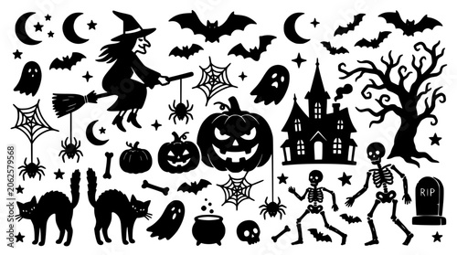 Halloween Icons Featuring Witches, Bats, Spiders, Skeletons, Haunted Houses, and Pumpkins in Black and White