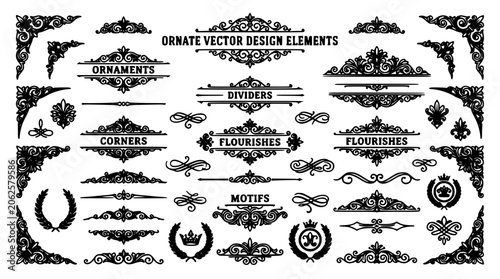 Ornate Vector Design Elements Featuring Intricate Flourishes, Motifs, and Dividers Featuring Corners, Ornaments, Decorative with Black and White