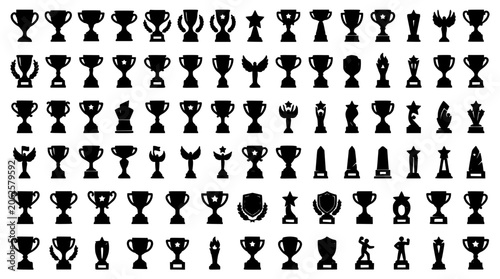 Trophy Icon Set Featuring Various Cup Shapes, Stars, Shields, and Winner Silhouettes in Black and White