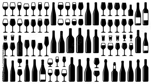 Wine Glasses and Bottles in Various Shapes and Sizes Arranged in a Collection Featuring Glassware, Drinking Vessels, Black and White with Vector