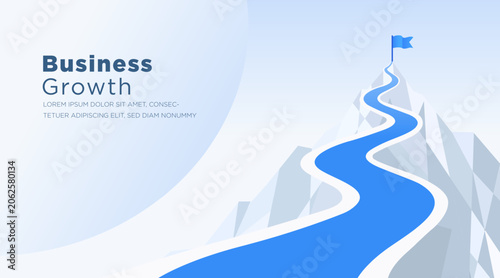 Business growth success roadmap mountain concept vector banner with winding path leading to a flag on the peak. Modern corporate presentation background symbolizing achievement, strategy, leadership,