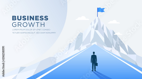 Business growth success roadmap mountain concept with businessman walking toward a flag on the summit. Modern corporate presentation banner symbolizing leadership, ambition, achievement,